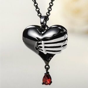 Gothic Black Heart Necklace with Red Teardrop